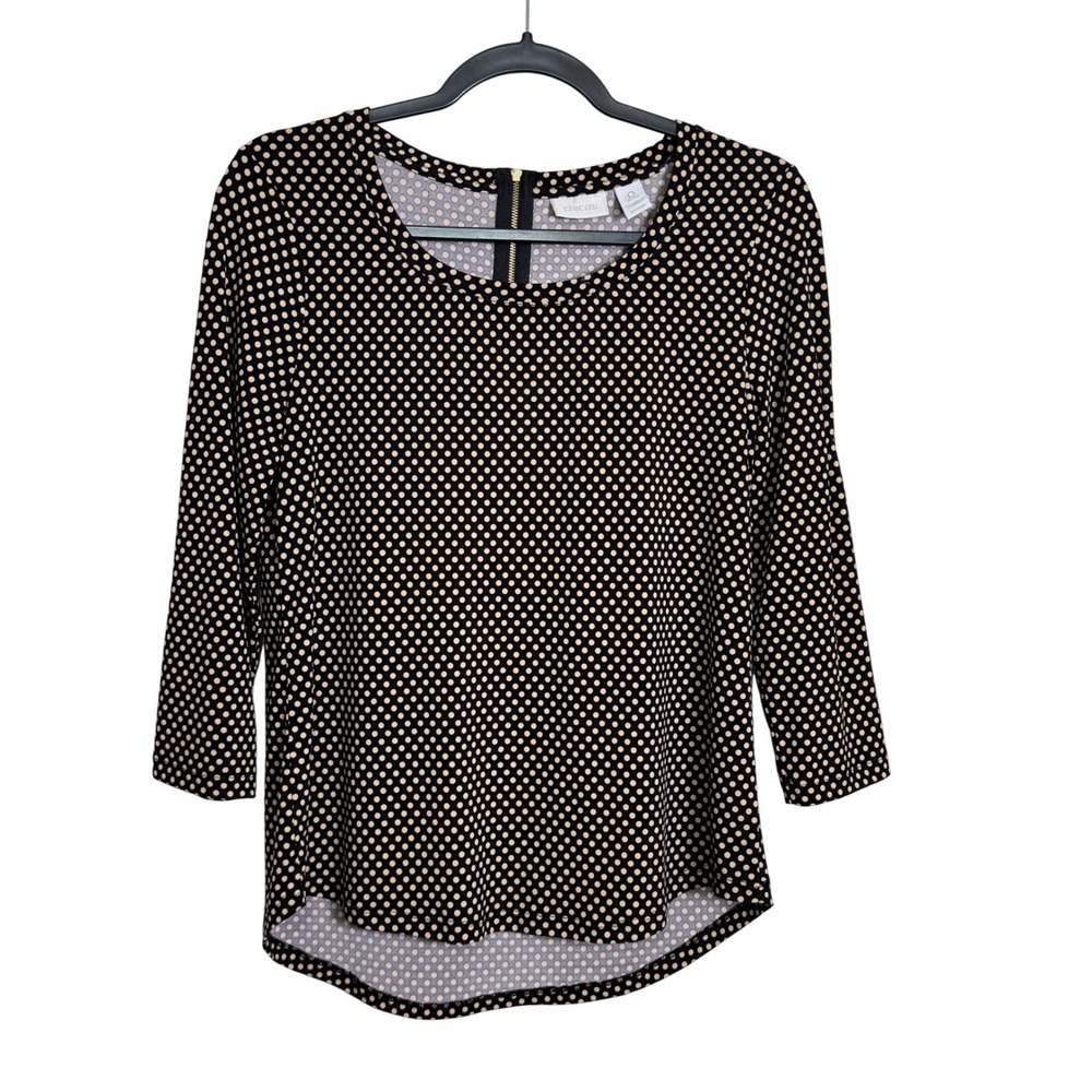 Chicos Polka Dot Top Black Tan 3/4 Sleeve Back Zip‎ Knit Blouse Size 0 XS S